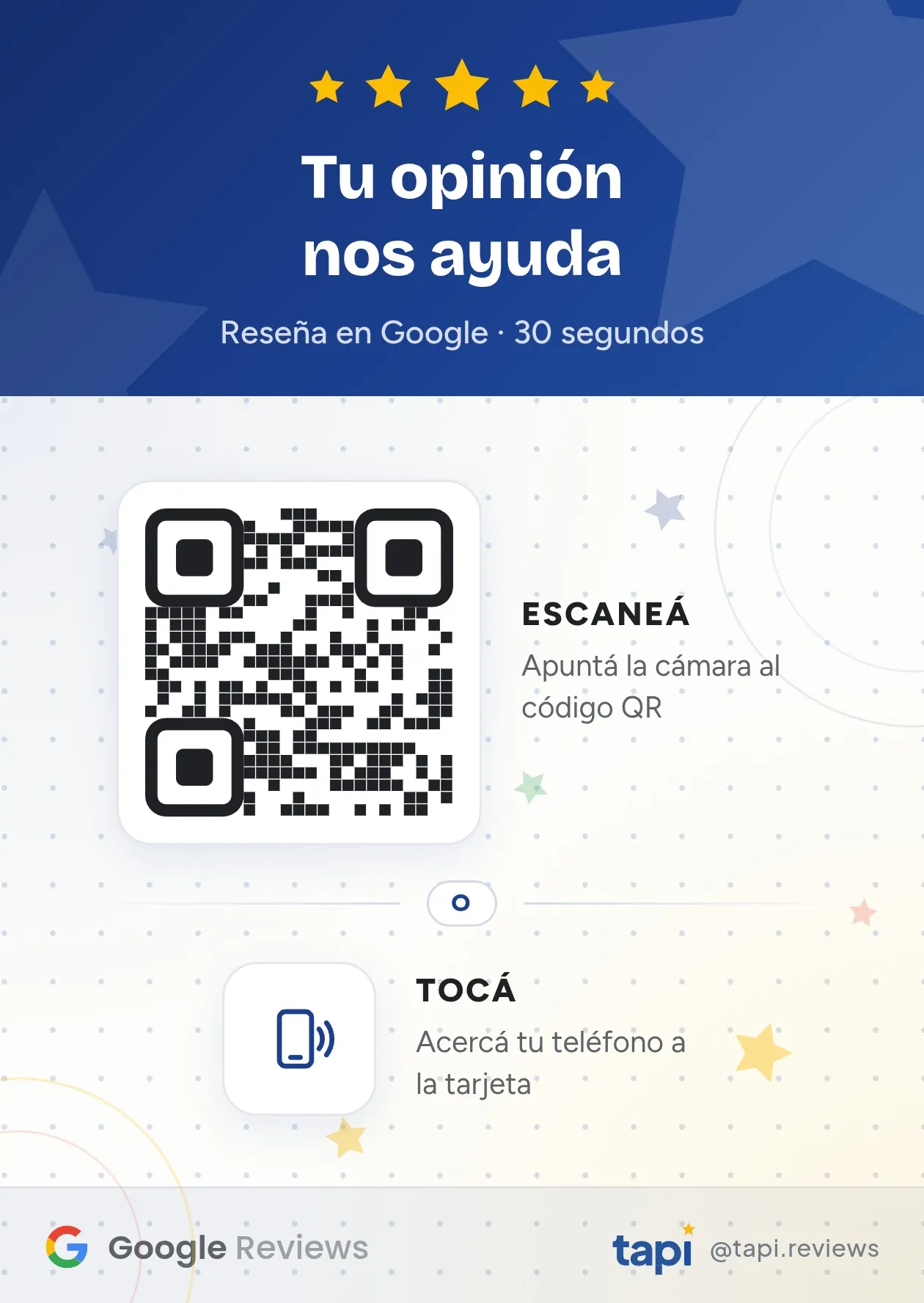 Diseño de la tarjeta Tapi A6: título «Tu opinión nos ayuda», código QR, zona NFC y pie con Google Reviews.